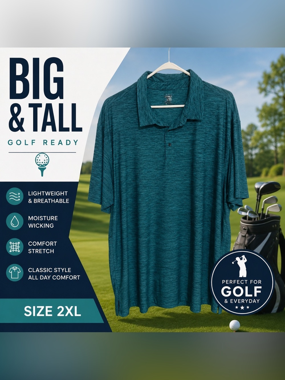Member’s Mark Men’s Heathered Teal Performance Polo Shirt Size 3XL Short Sleeve